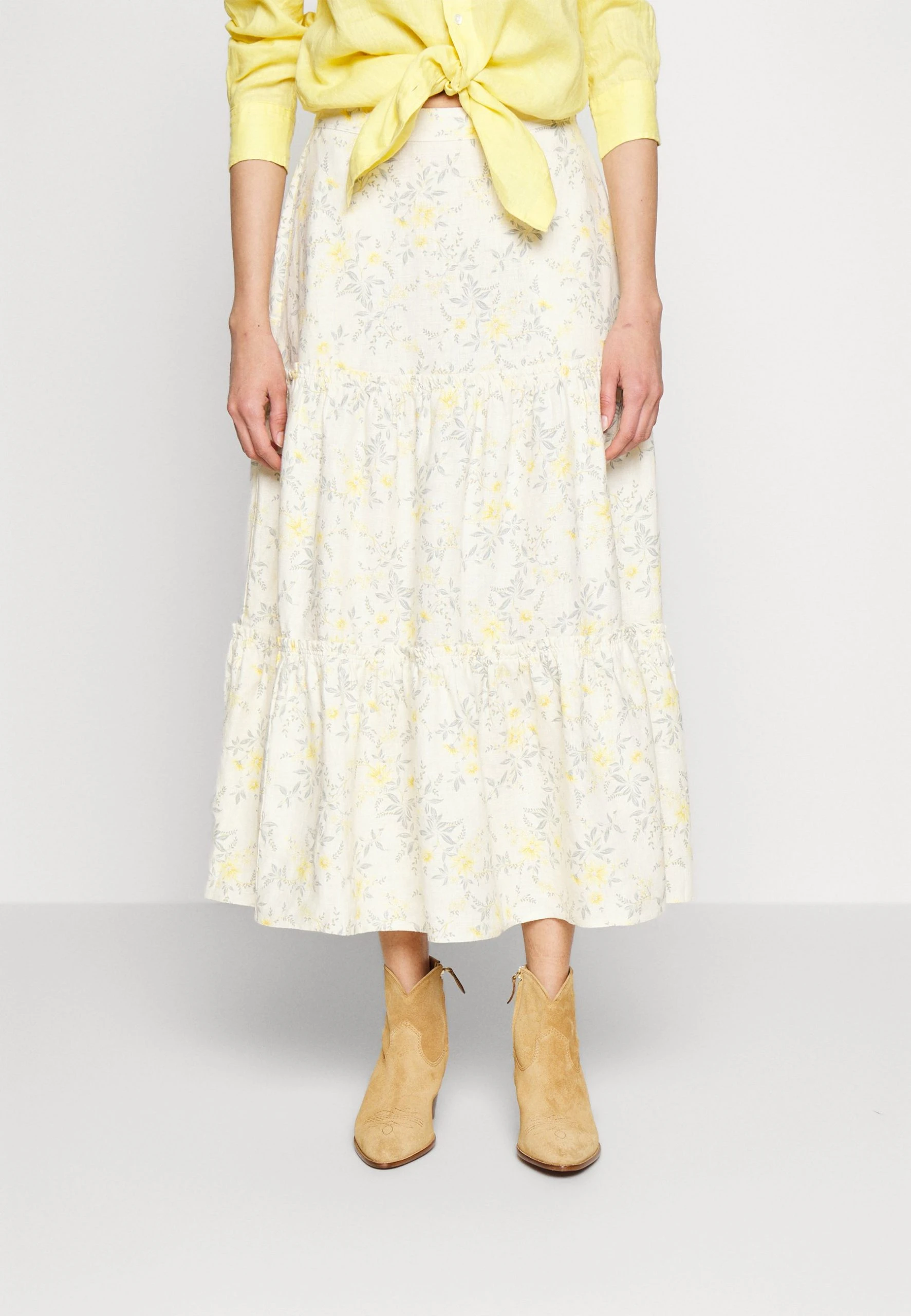 Polo Ralph Lauren FLORAL TWO-TIERED LINEN MIDI SKIRT - Spódnica Trapezowa - Yellow Vine 3 Polo Ralph Lauren FLORAL TWO-TIERED LINEN MIDI SKIRT - Spódnica Trapezowa - Yellow Vine